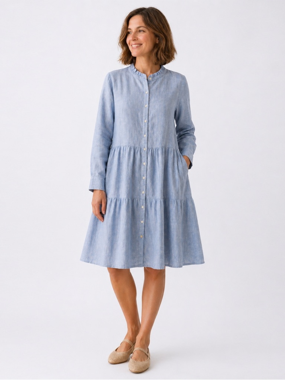 NWT - Alice Walk - Linen Tiered Shirt Dress - Soft Blue